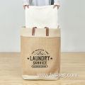 Jute canvas collapsible Laundry baskets waterproof laundry hamper with leather handles